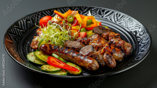 Delicious grilled ghanaian sausages paired with a colorful fresh salad presented on a sleek black platter