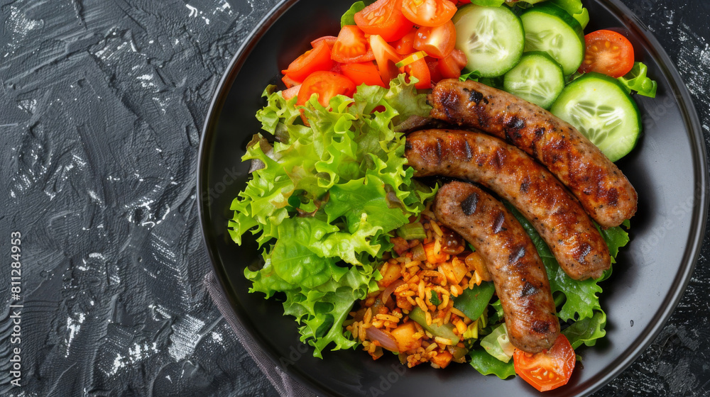 Traditional ghanaian jollof rice with grilled sausages and a side of fresh lettuce, tomatoes, and cucumbers on a black platter Traditional ghanaian jollof rice with grilled sausages and a side of fresh lettuce, tomatoes, and cucumbers on a black platter