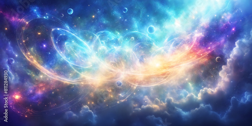 Illustration of a colorful and vibrant sky filled with clouds, featuring a variety of planets and stars. The stars appear to be in motion, giving the impression of a dynamic and lively atmosphere.