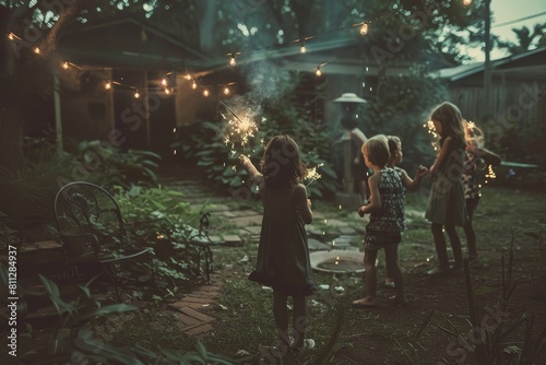 A group of children standing around a yard, holding sparklers and laughing, A nostalgic scene of children playing with sparklers in a backyard