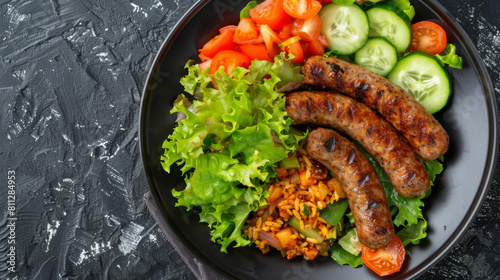 Traditional ghanaian jollof rice with grilled sausages and a side of fresh lettuce, tomatoes, and cucumbers on a black platter photo