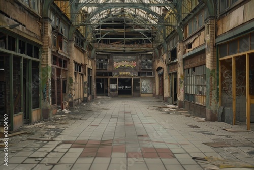 Abandoned market building with boarded up windows and graffiti-covered walls, A once bustling market now deserted with boarded up storefronts