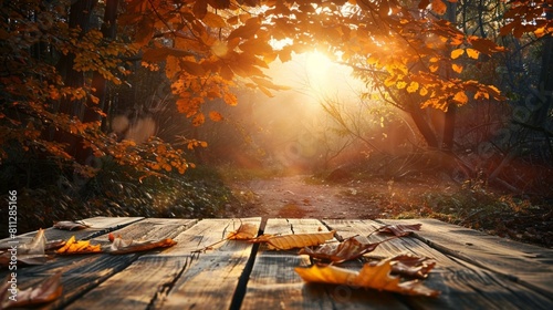 Autumn Table - Orange Leaves And Wooden Plank At Sunset In Forest