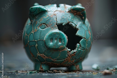 Malachite green piggy bank breaking open, symbolizing the use of saved money,