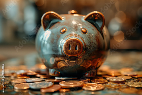Pale green piggy bank overflowing with shiny coins, symbolizing initial savings,