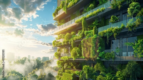 Tall, multi-story building that has been extensively covered with greenery, creating a vertical garden © Олег Фадеев