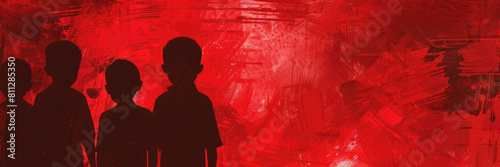 watercolor illustration, vintage postcard, International Day of Innocent Children Victims of Aggression, silhouettes of a crowd of children, red background, copy space, free space for text