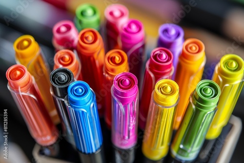 Close-up view of a variety of colored pens arranged together, A pack of colorful markers and pens photo