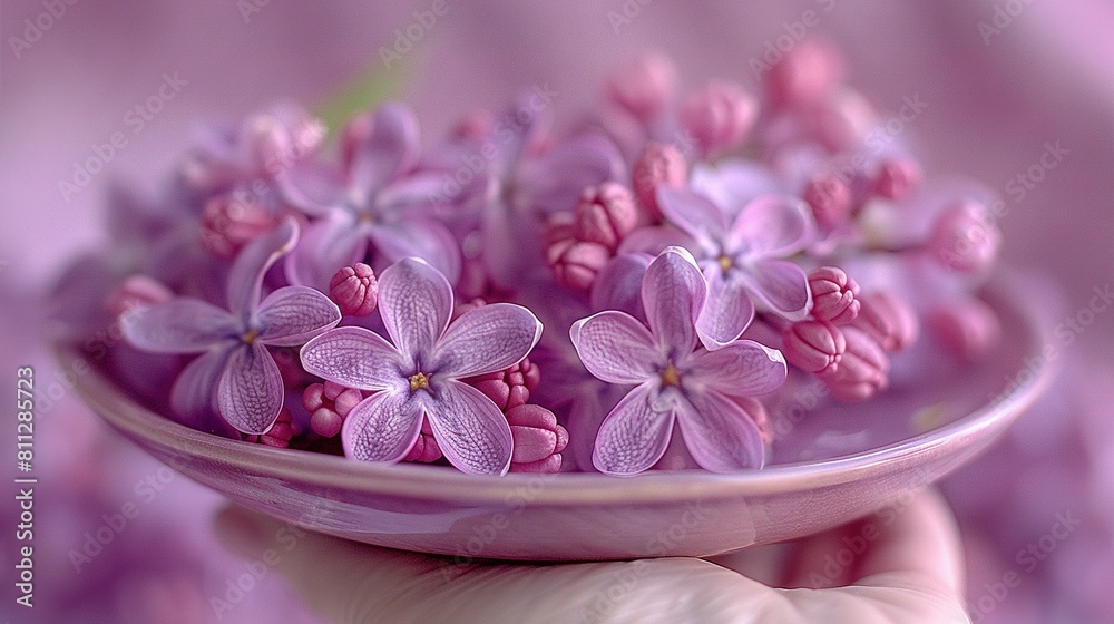 Fototapeta premium Close-up of a person cradling purple blooms against pink backdrop in a bowl