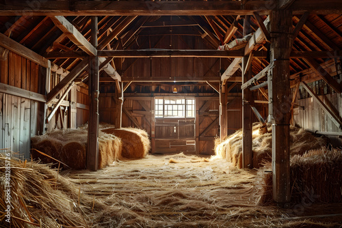 Atmospheric interior of old wooden barn with hay and straw. Morning sunlight in barn. Rustic style. Rural life and farm concept. Design for banner, poster with copy space