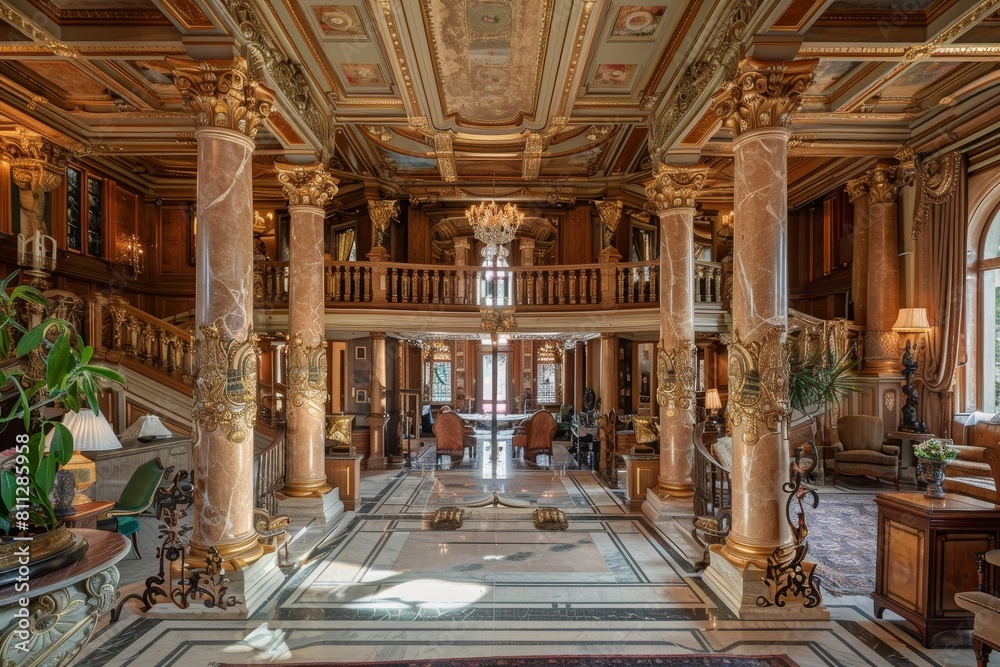 A spacious room featuring numerous marble columns and a striking chandelier hanging from the ceiling, A palatial estate with marble columns and intricate woodwork