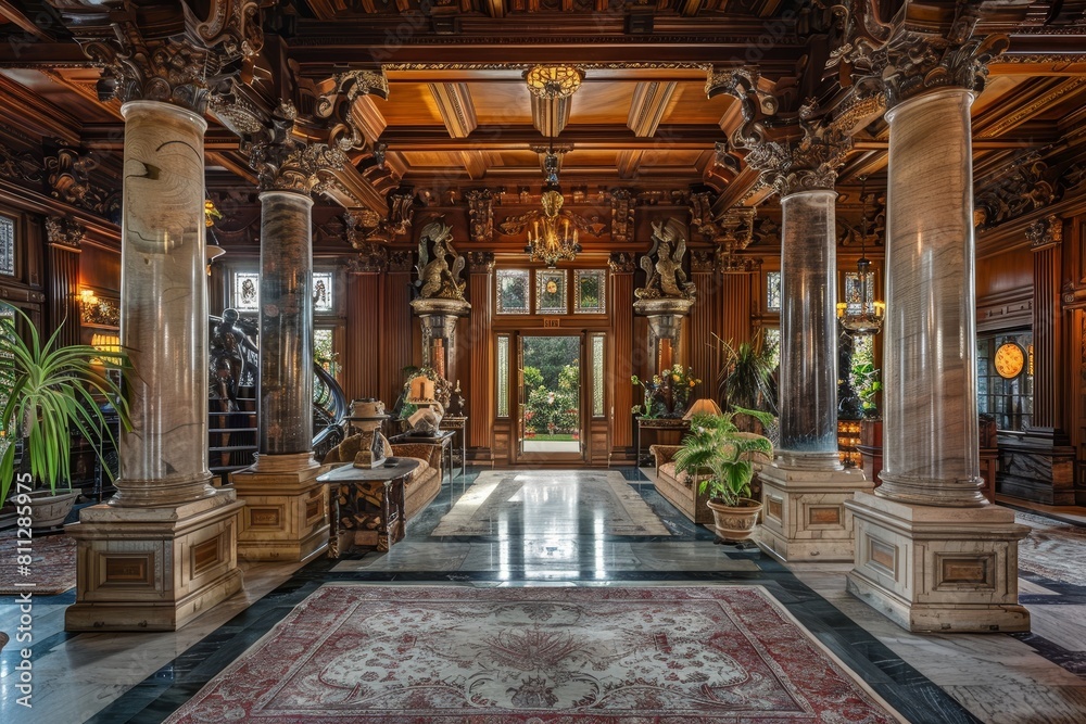 Obraz premium A large room adorned with marble columns and a rug on the floor, A palatial estate with marble columns and intricate woodwork