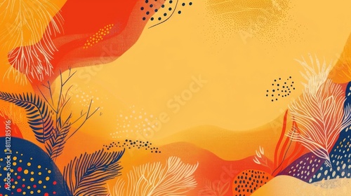 watercolor illustration, vintage postcard, Western Australia Day, orange abstract background, graceful branches and leaves, paint spots, copy space, free space for text