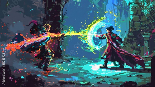 The battle of wizards. Two wizards are fighting in the magic world. photo