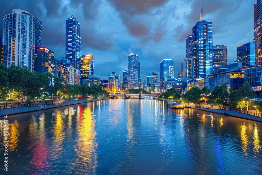River Flowing Through City at Night, A panoramic view of a bustling city skyline at dusk, with twinkling lights reflecting on the river below