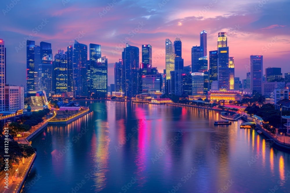 Fototapeta premium Night View of City Across River, A panoramic view of a bustling city skyline at dusk, with twinkling lights reflecting on the river below