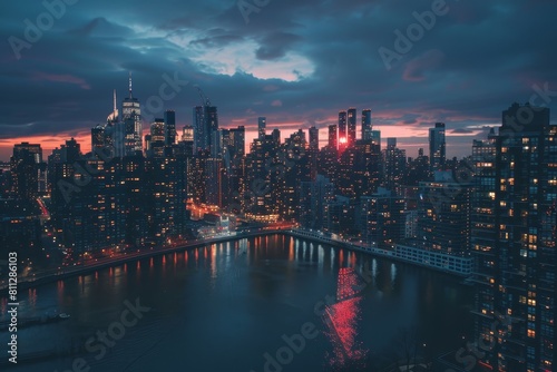 City Night View From Rooftop, A panoramic view of a bustling city skyline at dusk, with twinkling lights reflecting on the river below