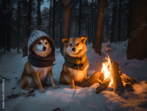 Two pet dogs near a campfire on snow ground in winter season. photo