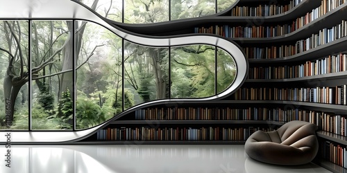 Cozy library with curved shelves filled with modern and classic books. Concept Library Decor, Curved Shelves, Modern Books, Classic Books