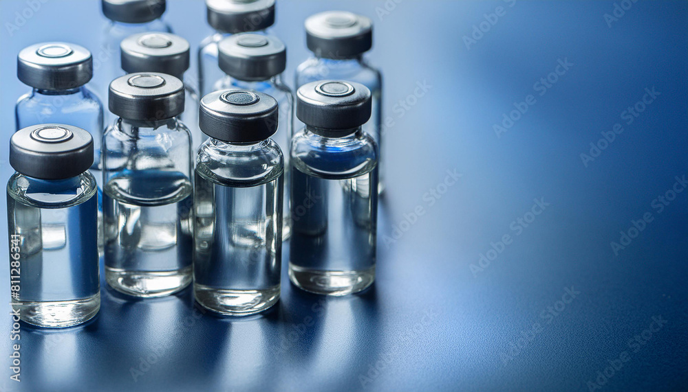 Glass vials with liquid drug. Vaccination concept. Vaccine for virus infection. Blue tones.