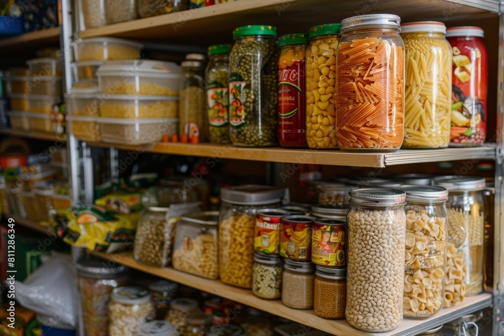 A variety of different types of food items neatly arranged on a pantry shelf, A pantry filled with essential items like rice, pasta, and beans