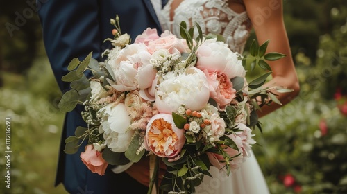 Bride and Groom Holding Bouquet of Flowers