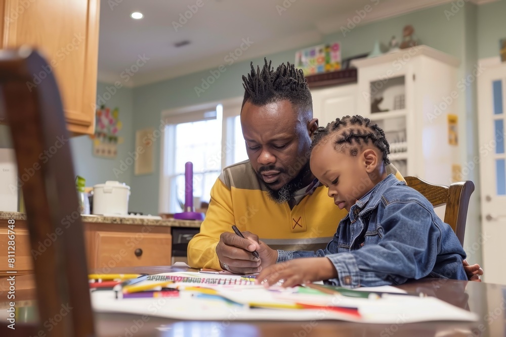 A man and a child seated at a kitchen table, collaborating on a school project, A parent helping their child with a school project at the kitchen table A man and a child seated at a kitchen table, collaborating on a school project, A parent helping their child with a school project at the kitchen table