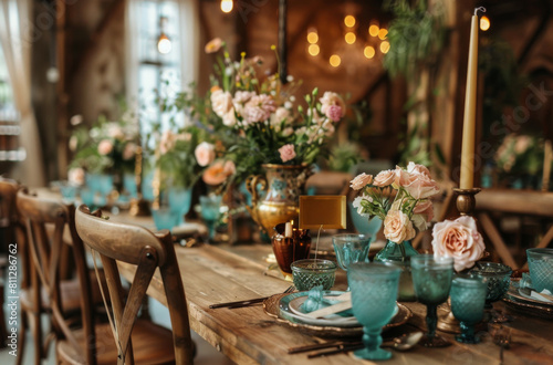 Elegant Dinner Table With Candles and Flowers © olegganko
