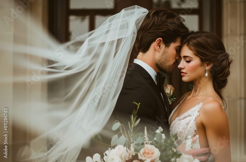 Bride and Groom Standing in Front of a Building