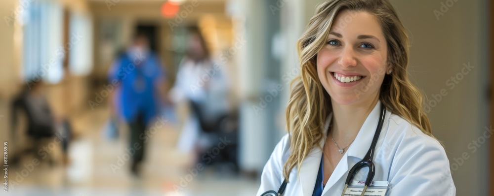 Smiling female doctor in hospital corridor. Confident healthcare professional in white lab coat.