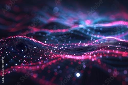 Vibrant digital wave of pink and blue particles on a dark surface, illustrating data flow