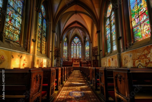 A church interior with colorful stained glass windows and rows of wooden pews  A peaceful church with stained glass windows