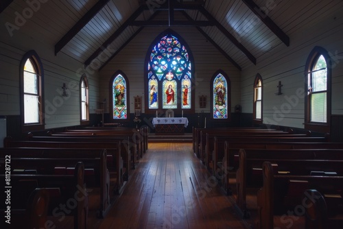 A church interior featuring wooden pews and colorful stained glass windows, A peaceful church with stained glass windows