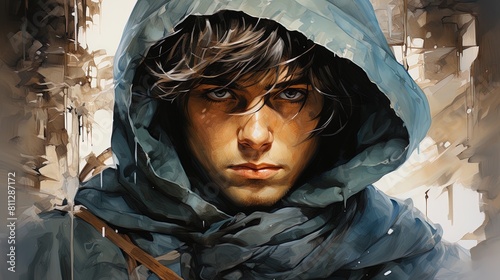 Close-up of an epic style drawing of a young man with a hood and a strong and determined look. photo