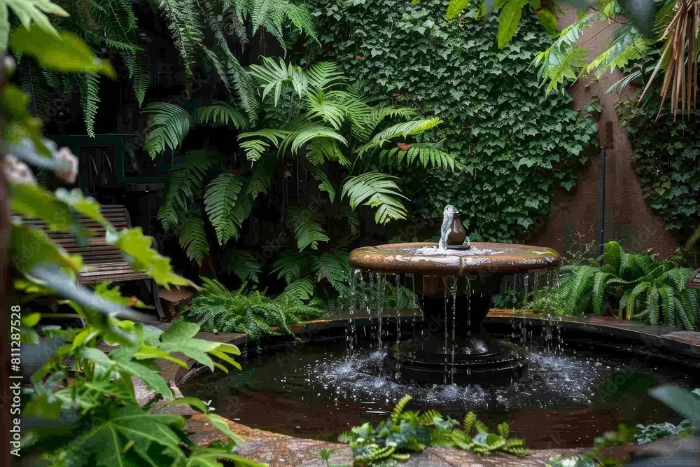 A water fountain surrounded by lush greenery in a garden, A peaceful garden with a bubbling fountain and lush greenery