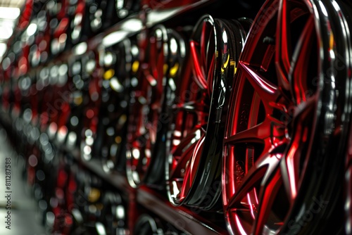 In the car tire shop, high-end sports rims are stacked on top of each other in red and black. photo