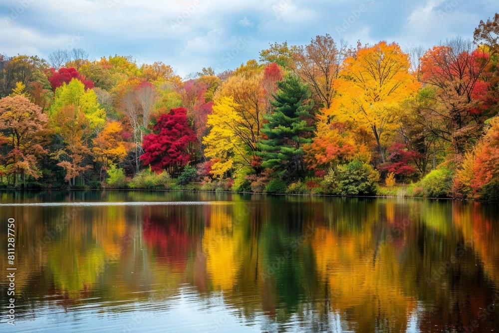 A lake reflects the trees surrounding it in a calm setting, A peaceful lake reflecting the colorful trees surrounding it A lake reflects the trees surrounding it in a calm setting, A peaceful lake reflecting the colorful trees surrounding it