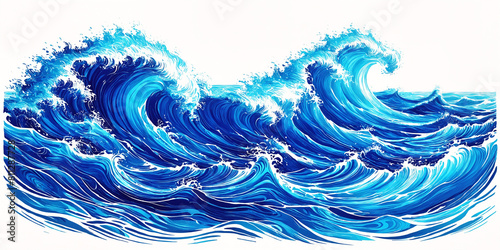 Ocean waves are depicted as having a blue color, which gives the scene a sense of depth and realism. The waves are in motion.