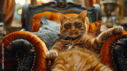 A ginger cat wearing sunglasses and sitting on an ornate velvet chair. Generative AI photo