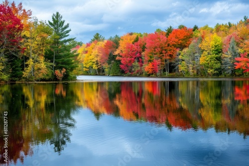 A lake is surrounded by a dense forest of colorful trees, their reflection visible in the water, A peaceful lake reflecting the colorful trees surrounding it
