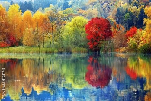 A lake surrounded by vibrant trees showing their autumn colors  A peaceful lake reflecting the colorful trees surrounding it