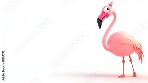 3D illustration of a cute pink flamingo standing on one leg  looking to the right with a curious expression on its face.