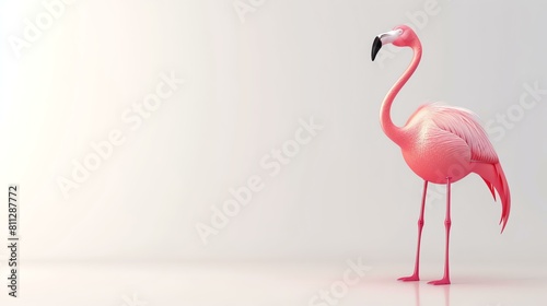 A beautiful pink flamingo stands in a white void. The flamingo is looking to the right of the frame.