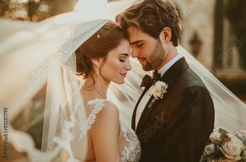 Bride and Groom Standing in Front of a Building
