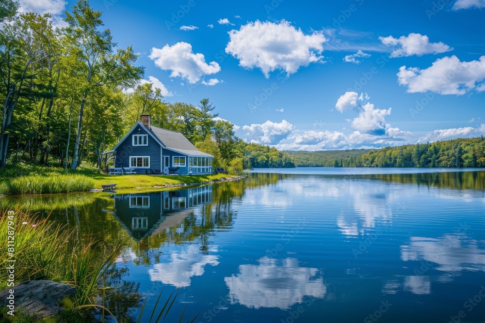 A house stands by the shore of a calm lake under a clear blue sky, A peaceful lakeside retreat, with a clear blue sky reflected in the water