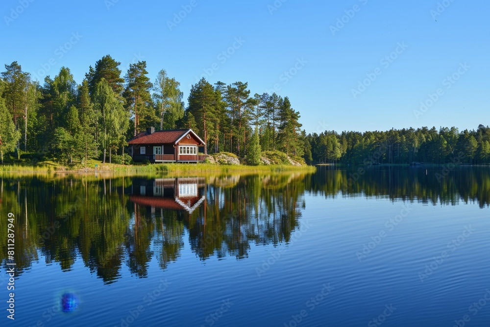 A house perched on the shore of a calm lake under a clear blue sky, A peaceful lakeside retreat, with a clear blue sky reflected in the water