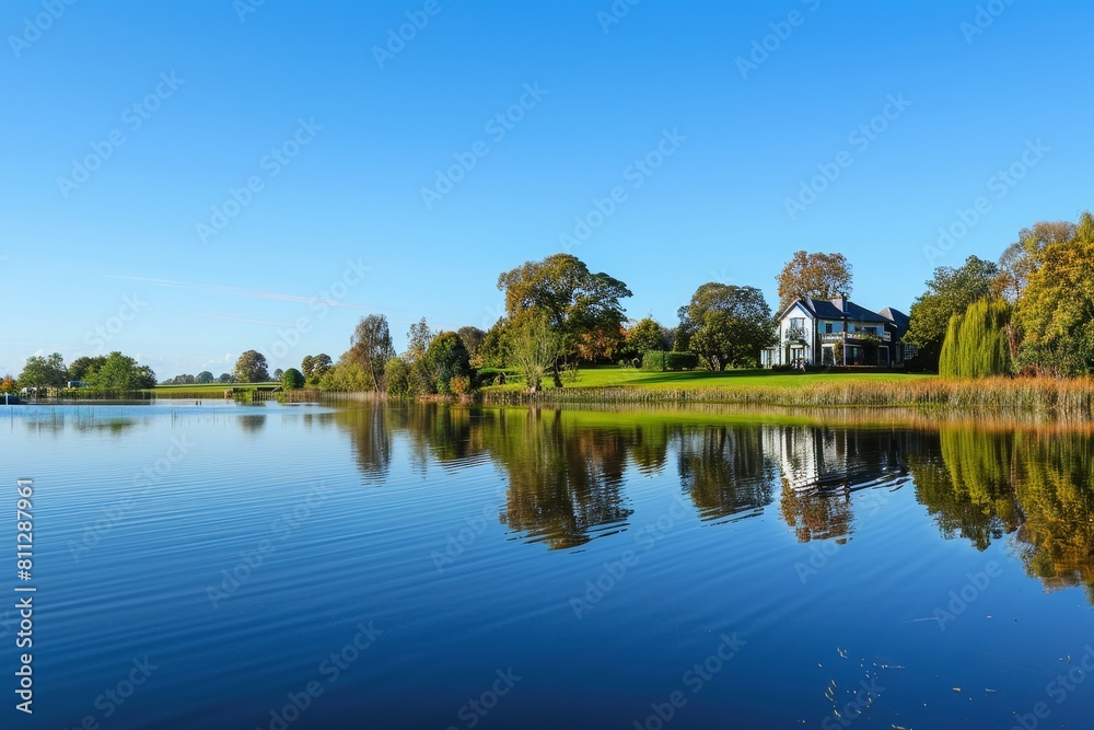 A large body of water surrounded by lush green trees under a clear blue sky, A peaceful lakeside retreat, with a clear blue sky reflected in the water A large body of water surrounded by lush green trees under a clear blue sky, A peaceful lakeside retreat, with a clear blue sky reflected in the water