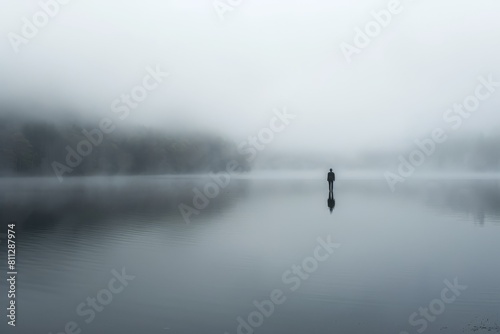A person standing in the center of a calm lake, A peaceful lake with a lone soldier standing at attention