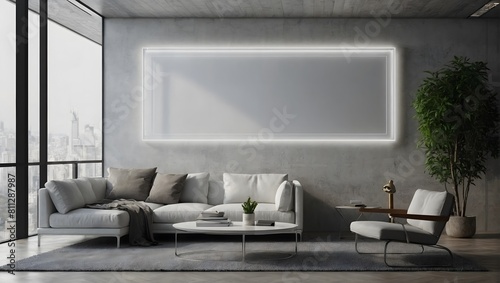 billboard on the wall, blank mockup frame on wall in modern office interior design in 3d style. illustration generative ai.