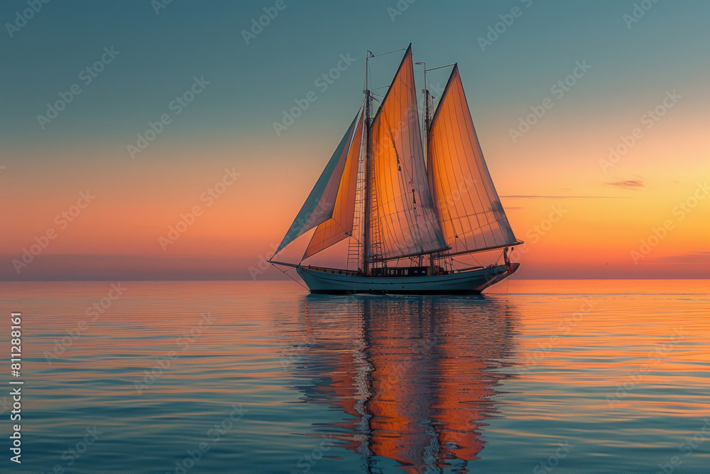 Elegant sailboat gliding over calm waters at sunrise, sails full, symbolizing a smooth financial journey,